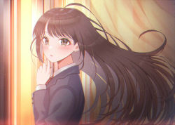 Rule 34 | 1girl, black jacket, blazer, blush, brown eyes, brown hair, buttoned cuffs, buttons, collared shirt, commentary request, curtains, diagonal-striped clothes, diagonal-striped neckwear, floating hair, from side, hand up, indoors, jacket, long hair, long sleeves, looking at viewer, looking to the side, minatoasu, necktie, novel illustration, official art, original, parted lips, red necktie, school uniform, shirt, solo, striped clothes, striped necktie, striped neckwear, upper body, very long hair, white shirt, window