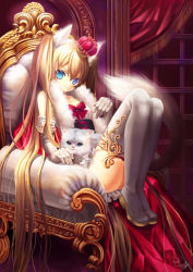 Rule 34 | 1girl, animal ears, bad id, bad pixiv id, blonde hair, blue eyes, cat, cat ears, cat tail, chair, crown, elbow gloves, full body, gloves, long hair, okuma mai, original, sitting, solo, tail, thighhighs, twintails, very long hair, white thighhighs