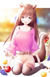 Rule 34 | 1girl, :d, animal ears, apple, bad id, bad pixiv id, basket, belt, belt buckle, black pantyhose, blue ribbon, blurry, blurry background, blush, breasts, brown belt, brown hair, buckle, collarbone, depth of field, food, frilled sleeves, frills, fruit, grapes, grey eyes, hair between eyes, hair ribbon, pantyhose under shorts, long hair, long sleeves, looking at viewer, medium breasts, murano, no shoes, open mouth, original, pantyhose, pink shirt, purple ribbon, red apple, ribbon, shirt, shorts, sitting, smile, solo, squirrel ears, squirrel girl, squirrel tail, tail, very long hair, wariza, white shorts, wide sleeves