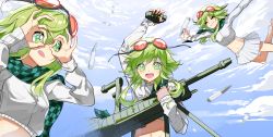 Rule 34 | &gt; &lt;, 2girls, absurdres, ammunition, arm up, checkered clothes, checkered scarf, cloud, cloudy sky, commentary, covering own eyes, crop top, day, explosive, falling, fingerless gloves, gloves, goggles, goggles on head, green eyes, green hair, grenade, grin, gumi, gun, hand glasses, highres, holding, holding grenade, holding gun, holding weapon, looking at viewer, midriff, miniskirt, multiple girls, multiple persona, navel, open mouth, pleated skirt, raysricey, red goggles, rifle, scarf, shirt, short hair with long locks, sidelocks, skirt, sky, smile, tetrodotoxin synthesizer no.2 (vocaloid), tongue, tongue out, vocaloid, weapon, white shirt, white skirt