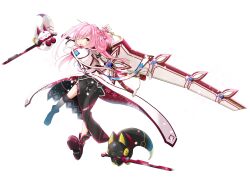 Rule 34 | 1girl, absurdres, artist request, black dress, cosmic break, dress, fox, full body, greatsword, highres, holding, holding sword, holding weapon, huge weapon, jacket, koharu ayakashi, long hair, looking at viewer, official art, one eye closed, pink hair, second-party source, shoes, sword, weapon, yellow eyes