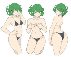 Rule 34 | 1girl, ass, bikini, breasts, closed mouth, covering breasts, covering privates, curly hair, curvy, green eyes, green hair, highres, huge ass, looking at viewer, multiple views, navel, one-punch man, petite, shiny skin, short hair, simple background, small breasts, solo, swimsuit, tatsumaki, thong, thong bikini, topless, toshinoshin, white background, wide hips
