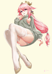 Rule 34 | 1girl, absurdres, animal ears, arm at side, beige background, blush, breasts, clothing cutout, dress, earrings, fox ears, from below, from side, full body, garter straps, genshin impact, grey sweater, hair between eyes, halo, hand up, high heels, highres, invisible chair, jewelry, lace, lace-trimmed legwear, lace trim, large breasts, linreplica, long hair, long sleeves, looking at viewer, looking down, nail polish, panties, pantyshot, parted lips, pink hair, red nails, side cutout, sideboob, simple background, sitting, skindentation, smile, solo, stiletto heels, sweater, sweater dress, thighhighs, underwear, very long hair, white panties, white thighhighs, yae miko, yellow background, yellow footwear