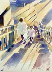 Rule 34 | 2girls, absurdres, dated, day, didi daisukedoi, highres, mother and daughter, multiple girls, original, painting (medium), railing, road, shadow, stairs, street, sunlight, traditional media, watercolor (medium)