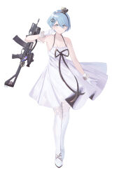 Rule 34 | 1girl, absurdres, artist name, assault rifle, bare shoulders, blue hair, blush, bracelet, breasts, cleavage, collarbone, commentary, dress, full body, girls&#039; frontline, gloves, grey eyes, gun, gun sling, hair ornament, hair over one eye, hairband, halter dress, halterneck, highres, jewelry, kalashnikov rifle, kimi (jxrm5387), looking at viewer, medium breasts, official alternate costume, rifle, shoes, short hair, simple background, solo, thighhighs, weapon, white background, white dress, white footwear, white gloves, white thighhighs, zas m21 (girls&#039; frontline), zas m21 (white queen) (girls&#039; frontline), zastava m21