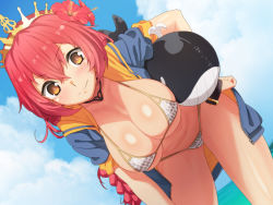Rule 34 | 1girl, bell, bikini, blush, braid, breasts, brown eyes, cleavage, crown, day, flower, hair bell, hair between eyes, hair flower, hair ornament, hibiscus, hood, hoodie, large breasts, leaning forward, long hair, looking at viewer, navel, oda nobunaga (sengoku collection), open clothes, outdoors, pink hair, sengoku collection, short hair, single braid, smile, solo, stuffed toy, swimsuit, tenchisouha, tiara, whale, white bikini, yellow eyes