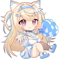 Rule 34 | 1girl, absurdres, adapted costume, animal collar, animal ears, bandaid, bandaid hair ornament, belt, bib, black collar, blonde hair, blue belt, blue hair, blue hairband, blue nails, blue panties, blush, breasts, brown thighhighs, center frills, cheerleader, chibi, chibi only, cleavage, cleavage cutout, closed mouth, clothing cutout, collar, colored shoe soles, commentary, detached collar, dog ears, dog girl, dog tail, double-parted bangs, dress, fake horns, fishnet thighhighs, fishnets, frilled shirt collar, frilled sleeves, frills, fuwawa abyssgard, fuwawa abyssgard (1st costume), hair between eyes, hair intakes, hair ornament, hairband, hairclip, highres, hololive, hololive english, horn hairband, horns, invisible floor, knees up, large breasts, long hair, long sleeves, looking at viewer, multicolored hair, nail polish, nishi azuma, over-kneehighs, panties, pantyshot, pleated dress, red eyes, shoes, short dress, simple background, single over-kneehigh, single thighhigh, sitting, smile, sneakers, solo, spiked collar, spikes, streaked hair, tail, thighhighs, two side up, underwear, upskirt, virtual youtuber, w, white background, white dress, white footwear