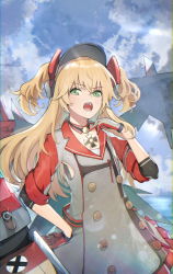 Rule 34 | 1girl, admiral hipper (azur lane), armpit cutout, armpits, azur lane, blonde hair, buttons, clothing cutout, cloud, collarbone, cross, dress, fang, gloves, green eyes, hair ornament, hand on own hip, hat, highres, iron cross, long hair, open mouth, rigging, sharpheon, sky, sleeves rolled up, two side up, visor cap