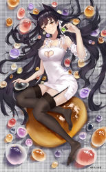 Rule 34 | 1girl, absurdres, animal ears, atago (azur lane), azur lane, bare shoulders, black hair, black thighhighs, blush, breasts, brown eyes, chemise, cleavage, cleavage cutout, clothing cutout, collarbone, detached sleeves, dress, frills, full body, garter straps, grey background, hand up, head tilt, heart cutout, highres, holding, large breasts, long hair, looking at viewer, mole, mole under eye, no shoes, pangxuanxiaojiuwo, pencil dress, short dress, smile, solo, thighhighs, thighs, very long hair, white dress, zettai ryouiki