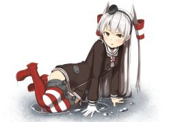 Rule 34 | 10s, 1girl, amatsukaze (kancolle), blush, brown eyes, dress, kantai collection, long hair, looking at viewer, nosuku, personification, sailor dress, short dress, solo, striped clothes, striped thighhighs, thighhighs, twintails, two side up, water, wet, white hair, zettai ryouiki