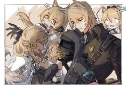 Rule 34 | 0 0, 1boy, 1other, 3girls, animal ear fluff, animal ears, arknights, black bow, black gloves, black headwear, black jacket, black shirt, blemishine (arknights), blonde hair, blush stickers, bow, cape, collared shirt, commentary request, doctor (arknights), garrison cap, gloves, hair between eyes, hair bow, hat, highres, holding, holding syringe, horse ears, horse girl, horse tail, huayu637, jacket, locked arms, long hair, mini hat, mlynar (arknights), multiple girls, nearl (arknights), necktie, orange eyes, ponytail, profile, shirt, siblings, sisters, syringe, tail, teardrop, whislash (arknights), white cape, white necktie, white shirt