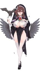 Rule 34 | 1girl, :d, absurdres, ahoge, alternate costume, bird, bird wings, black wings, blush, breasts, bridal gauntlets, brown hair, collarbone, commentary request, crow, feathered wings, flower, full body, green ribbon, habit, hair between eyes, hair flower, hair ornament, hair ribbon, hand on own chest, highres, large breasts, long hair, looking at viewer, mole, mole on breast, no panties, nun, open mouth, pelvic curtain, reiuji utsuho, ribbon, simple background, smile, solo, standing, tetsurou (fe+), thighhighs, third eye, touhou, white background, white thighhighs, wings, wrist cuffs