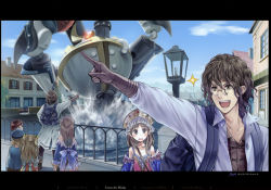 Rule 34 | 1boy, 1girl, :d, :o, atelier (series), atelier totori, brown eyes, brown hair, glasses, gloves, hairband, hat, kishida mel, lab coat, long hair, marc mcbrine, mecha, messy hair, official art, open mouth, outdoors, pince-nez, pointing, robot, short hair, smile, surprised, totooria helmold, two side up