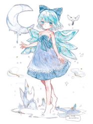 Rule 34 | 1girl, bare shoulders, barefoot, bird, blue bow, blue dress, blue eyes, blue hair, blue ribbon, blush, bow, cirno, closed mouth, commentary request, crescent, dated, dress, full body, hair bow, ice, ice wings, looking at viewer, marker (medium), medium hair, niseneko (mofumofu ga ienai), ribbon, solo, strapless, strapless dress, tiptoes, touhou, traditional media, twitter username, wings