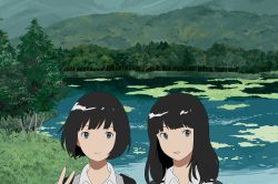 Rule 34 | 2girls, ame (amemgmgmg), anime coloring, bad id, bad pixiv id, black hair, closed mouth, collared shirt, commentary request, day, forest, green eyes, highres, hill, long hair, looking at viewer, multiple girls, nature, open mouth, original, outdoors, river, scenery, shirt, short hair, smile, tree, water, wing collar