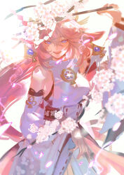 Rule 34 | 1girl, \||/, absurdres, arm up, bare shoulders, blush, branch, breasts, cherry blossoms, closed mouth, commentary, crossed bangs, earrings, eyelashes, falling petals, fingernails, genshin impact, hair between eyes, hair ornament, headgear, highres, japanese clothes, jewelry, large breasts, lips, long hair, long sleeves, looking at viewer, magnolia29, nail polish, necklace, nontraditional miko, open mouth, painting (medium), pelvic curtain, petals, pillar, pink hair, pink nails, purple eyes, ribbon-trimmed sleeves, ribbon trim, sideboob, sidelocks, simple background, solo, standing, traditional media, upper body, white background, wide sleeves, yae miko