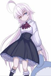 Rule 34 | 1girl, ahoge, alternate costume, black footwear, black ribbon, black skirt, blue archive, blue eyes, closed mouth, expressionless, feet out of frame, frilled legwear, frilled shirt, frills, hair between eyes, heterochromia, high-waist skirt, highres, holding, hoshino (blue archive), ascot, kain501i, layered skirt, lolita fashion, long hair, long sleeves, looking at viewer, orange eyes, petticoat, pink hair, red neckwear, ribbon, shirt, simple background, skirt, solo, stitches, stuffed animal, stuffed toy, white background