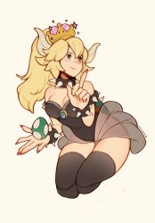 Rule 34 | 1girl, armlet, black leotard, black thighhighs, blonde hair, blue eyes, bowsette, bracelet, breasts, cleavage, collar, egg, highres, horns, jewelry, large breasts, leotard, long hair, mario (series), medium breasts, new super mario bros. u deluxe, nintendo, oxcoxa, pink nails, pointing, ponytail, simple background, spiked armlet, spiked bracelet, spiked collar, spikes, super crown, thighhighs