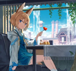 Rule 34 | 1girl, animal ear fluff, animal ears, bamboo, blonde hair, blue dress, blue eyes, blue sky, building, closed mouth, cloud, commentary request, couch, day, dress, feet out of frame, food, fork, fox ears, fox girl, fox tail, fringe trim, fruit, hair between eyes, highres, holding, holding fork, hood, hood down, hooded jacket, indoors, jacket, japanese clothes, kimono, long sleeves, looking at viewer, on couch, open clothes, open jacket, original, pleated dress, poco (asahi age), puffy long sleeves, puffy sleeves, short hair, sitting, sky, smile, socks, solo, strawberry, table, tail, water, waterfall, white jacket, white kimono, white socks, wide sleeves