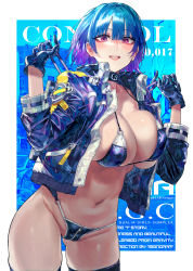 Rule 34 | 1girl, bikini, blue bikini, blue gloves, blue hair, blue jacket, blush, breasts, cleavage, collarbone, gloves, grin, highres, jacket, large breasts, long sleeves, looking at viewer, navel, open clothes, open jacket, original, purple eyes, signo aaa, smile, solo, swimsuit, thighs