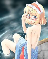 Rule 34 | 1girl, adjusting eyewear, alice margatroid, arnest, back, backboob, bare legs, bespectacled, blonde hair, blue eyes, blush, breasts, clothes pull, dress pull, female focus, glasses, hairband, highres, looking at viewer, looking back, looking over eyewear, medium breasts, onsen, open mouth, red-framed eyewear, short hair, sitting, soaking feet, solo, topless, touhou, wading, water