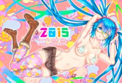 Rule 34 | 1girl, artist request, atsuki0814, bikini, bikini top only, boots, female focus, glasses, hatsune miku, navel, one eye closed, shorts, solo, swimsuit, tattoo, thighhighs, twintails, vocaloid, wink