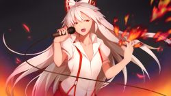 Rule 34 | 1girl, absurdres, black background, bow, cable, commentary request, fire, fujiwara no mokou, hair between eyes, hair bow, hands up, highres, holding, holding microphone, kameponde, long hair, looking at viewer, microphone, open mouth, pants, red eyes, red pants, shirt, silver hair, solo, suspenders, sweat, touhou, upper body, very long hair, white bow, white shirt, wing collar