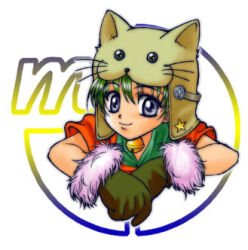 Rule 34 | 1boy, animal ears, animal hat, bell, brown gloves, cat ears, cat hat, elbow rest, fake animal ears, fur-trimmed gloves, fur trim, gloves, green hair, grey eyes, hands up, hat, looking at viewer, lowres, male focus, miokurumi, neck bell, original, outer glow, red shirt, shirt, short hair, smile, solo, star (symbol), upper body