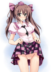 Rule 34 | 1girl, blush, breasts, brown eyes, brown hair, censored, checkered clothes, checkered skirt, clothes lift, female focus, hat, himekaidou hatate, necktie, no panties, pussy, pussy juice, ryokushiki (midori-ya), skirt, skirt lift, solo, tokin hat, touhou, twintails