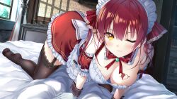 1girl absurdres all_fours alternate_costume apron aquarium_(visual_novel) bare_shoulders bed bed_sheet bedroom black_thighhighs blush breasts cleavage day detached_sleeves dress dutch_angle enmaided frilled_apron frilled_dress frills game_cg garter_straps gloves hair_between_eyes hair_ribbon hanekoto heart heart_tattoo highres hololive houshou_marine indoors lace lace-trimmed_legwear lace_trim large_breasts long_hair looking_at_viewer maid maid_headdress no_bra no_shoes non-web_source official_art on_bed one_eye_closed puffy_short_sleeves puffy_sleeves red_dress red_hair red_ribbon ribbon short_sleeves smile soles solo tattoo thighhighs twintails virtual_youtuber white_apron white_gloves window wrist_cuffs yellow_eyes