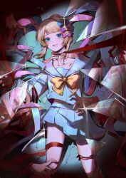Rule 34 | 1girl, 272727272727272727, absurdres, bleeding, blonde hair, blood, blue bow, blue eyes, blue skirt, bound, bound wrists, bow, broken glass, chouzetsusaikawa tenshi-chan, crying, crying with eyes open, glass, hair bow, hair ornament, heart, heart hair ornament, held down, highres, holographic clothing, light smile, multicolored nails, multiple hair bows, multiple hands, needy girl overdose, pin, pink bow, purple bow, quad tails, red ribbon, restrained, ribbon, skirt, solo, strangling, tears, tied up (nonsexual), yellow bow, yellow nails