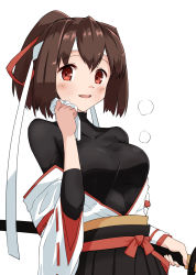 Rule 34 | 1girl, absurdres, blush, breasts, brown hair, hair ribbon, hakama, headband, highres, holding, holding sword, holding weapon, ise (kancolle), ise kai ni (kancolle), japanese clothes, kantai collection, looking at viewer, medium breasts, open clothes, parted lips, ponytail, red eyes, red ribbon, ribbon, ribbon-trimmed sleeves, ribbon trim, shiba (zudha), simple background, solo, sweat, sword, undershirt, weapon, white background, white headband, wide sleeves, wiping sweat