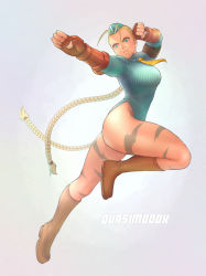 Rule 34 | 1girl, antenna hair, artist name, blue eyes, blue hat, blue leotard, bodypaint, boots, braid, breasts, brown footwear, cammy white, camouflage, clenched hand, combat boots, constricted pupils, elbow gloves, facial scar, fingerless gloves, forehead, full body, garrison cap, gloves, hair pulled back, hat, heattech leotard, highleg, highleg leotard, highres, leotard, long braid, long hair, md5 mismatch, medium breasts, necktie, quasimodox, red gloves, resolution mismatch, ribbed leotard, running, scar, scar on cheek, scar on face, serious, solo, source larger, street fighter, street fighter zero (series), thick thighs, thighs, turtleneck, twin braids, very long hair, yellow necktie