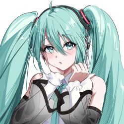 Rule 34 | 1girl, alternate costume, aqua eyes, aqua hair, bare shoulders, black sleeves, blush, collared shirt, detached sleeves, expressionless, hair between eyes, hair ornament, hand on own cheek, hand on own face, hands up, hatsune miku, headphones, layered sleeves, long hair, long sleeves, looking at viewer, muyamii, parted lips, screentones, see-through, see-through sleeves, shirt, simple background, sleeveless, sleeveless shirt, solo, twintails, upper body, vocaloid, white background, white shirt, white sleeves