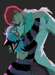 Rule 34 | 1boy, 1girl, animal ears, arm around waist, arm grab, blue hair, blue sclera, breasts, cat ears, character request, colored sclera, commentary, copyright request, english commentary, evil smile, fake animal ears, highres, hug, lab coat, masacrik, medium breasts, medium hair, mimi (psychocuties), psychocuties, red eyes, short hair, smile, yellow sclera, yp katelove
