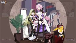 Rule 34 | ..., 2girls, :d, black dress, black gloves, blue eyes, boots, breasts, brown footwear, brown shorts, claw ring, cleavage, cleavage cutout, clothing cutout, crown, doll, dress, earrings, eden (honkai impact), elf, elysia (honkai impact), elysia (miss pink elf), elysia (miss pink elf) (honkai impact), full body, gloves, green eyes, green hair, hair ornament, holding clothes hanger, homu (honkai impact), honkai (series), honkai impact 3rd, jewelry, long hair, long sleeves, looking at viewer, mirror, mobius (honkai impact), multiple girls, musical note, official art, one eye closed, open mouth, pink dress, pink hair, pointy ears, ponytail, poster (object), shirt, shorts, shrug (clothing), single earring, single glove, sleeveless, sleeveless dress, smile, spoken musical note, standing, thigh boots, wavy hair, white shirt
