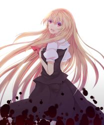 Rule 34 | 1girl, ascot, bad id, bad pixiv id, blonde hair, darkness, from behind, hands on own chest, long hair, looking back, aged up, open mouth, red eyes, rumia, short sleeves, skirt, solo, tears, touhou, uyuu (hirameki), very long hair, white background