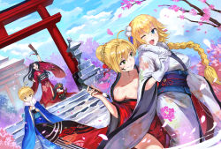 Rule 34 | 5girls, ahoge, alternate costume, architecture, artoria pendragon (all), artoria pendragon (fate), black gloves, black hair, blonde hair, blue cape, blue eyes, blue kimono, bow, braid, breasts, cape, day, east asian architecture, fate/grand order, fate (series), floral print, fur trim, gloves, glowing, glowing petals, green eyes, hagoita, hair bow, hair bun, hair intakes, highres, ishtar (fate), ishtar (formal dress) (fate), japanese clothes, jeanne d&#039;arc (fate), jeanne d&#039;arc (ruler) (fate), karasu kame ex, kimono, large breasts, long braid, long hair, multiple girls, nero claudius (fate), nero claudius (fate) (all), nero claudius (fate/extra), obi, oda nobunaga (fate), oda nobunaga (koha-ace), off shoulder, one eye closed, open mouth, outdoors, paddle, petals, red bow, red kimono, saber (fate), sash, single braid, single hair bun, sky, smile, tohsaka rin, two side up, white gloves, white kimono, wide sleeves