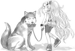 Rule 34 | 1girl, backpack, bag, bike shorts, bosako (haguhagu), from behind, greyscale, haguhagu (rinjuu circus), hair ornament, holding, holding leash, horns, leash, long hair, looking at viewer, looking back, monochrome, original, parted lips, ponytail, shirt, shoes, socks, solo, standing, standing on one leg, very long hair, white background, wolf