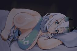 Rule 34 | 1girl, bare shoulders, bed, breasts, breasts apart, crying, dark, green eyes, hair between eyes, head on pillow, highres, horns, large areolae, large breasts, lying, nipples, on bed, on side, one breast out, original, pillow, solo, tears, under covers, white hair, zao (pixiv 15847342)