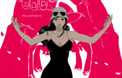 Rule 34 | 1girl, black dress, black hair, breasts, brown eyes, cleavage, dress, extra arms, eyewear on head, green-dogs, hana hana no mi, hat, long hair, looking at viewer, nico robin, nico robin (dressrosa), one piece, outstretched arms, solo, sunglasses
