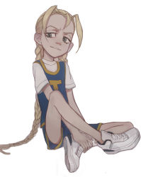Rule 34 | 1girl, absurdres, blonde hair, braid, child, cindy mcphearson, eyebrows, feason, female focus, full body, grin, highres, long hair, looking at viewer, shoes, simple background, smile, solo, sony, the boondocks, twin braids, white background