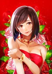 Rule 34 | 1girl, artist name, bare arms, bare shoulders, black hair, bracelet, breasts, brown eyes, cleavage, closed mouth, collarbone, dress, earrings, female focus, floral background, flower, formal, gem, gradient background, hand on own arm, head tilt, holding own arm, jewelry, light smile, lips, lipstick, looking at viewer, makeup, medium breasts, nail polish, neck, necklace, original, pink flower, pink rose, plant, red background, red dress, red flower, red gemstone, red lips, red rose, retsuna, rose, short hair, signature, smile, solo, strapless, strapless dress, triangle earrings, upper body