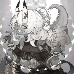 Rule 34 | 1girl, bare shoulders, black nails, colored skin, grey skin, grin, hair between eyes, highres, horns, long hair, looking at viewer, nail polish, off shoulder, oni horns, original, pointy ears, shiba (s hi ba ), shirt, smile, solo, tail, tail raised, thighhighs, turtleneck, upper body, white hair, white shirt, wrist cuffs, yellow eyes