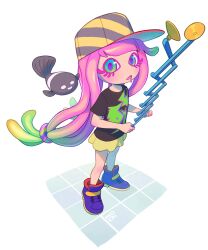 Rule 34 | 1girl, absurdres, artist logo, baseball cap, black shirt, blonde hair, blue footwear, blunt bangs, brown headwear, clownfish, commentary, commission, english commentary, fish, frilled skirt, frills, full body, gradient hair, green eyes, green hair, harmony&#039;s clownfish (splatoon), harmony (splatoon), hat, high tops, highres, holding, inkumochi, light blush, long hair, looking at viewer, miniskirt, multicolored clothes, multicolored footwear, multicolored hair, multicolored headwear, nintendo, nintendo ultra hand, open mouth, pink hair, print shirt, saliva, shirt, shoes, short sleeves, simple background, skirt, sneakers, solo focus, splatoon (series), splatoon 3, standing, swept bangs, tentacle hair, tile floor, tiles, very long hair, white background, yellow footwear, yellow headwear, yellow skirt