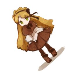 Rule 34 | 1girl, blonde hair, boots, braid, brown capelet, brown footwear, brown hairband, brown pantyhose, brown ribbon, brown skirt, capelet, closed mouth, commentary request, crown braid, full body, green eyes, hairband, lobotomy corporation, long hair, long sleeves, neck ribbon, no nose, no sclera, nonga, pantyhose, pleated skirt, project moon, ribbon, shirt, skirt, solo, tiphereth a (project moon), white shirt