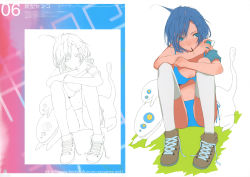 Rule 34 | 1girl, bikini, collage, digital media player, expressionless, food, full body, fuyuno haruaki, hair ornament, hairclip, highres, hugging own legs, lineart, looking at viewer, messy hair, navel, original, pocky, shoes, short hair, sitting, sneakers, stuffed toy, swimsuit, thighhighs, white thighhighs