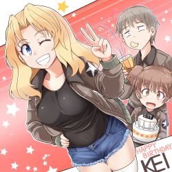 Rule 34 | 3girls, :d, ;d, alisa (girls und panzer), birthday cake, black shirt, black shorts, blonde hair, blue eyes, blue shorts, brown eyes, brown hair, brown jacket, cake, chips (food), commentary, cutoffs, dated, denim, denim shorts, emblem, english text, food, food in mouth, freckles, girls und panzer, grin, hair intakes, hair ornament, happy birthday, holding, holding tray, jacket, kay (girls und panzer), kitayama miuki, long hair, long sleeves, looking at viewer, micro shorts, military, military uniform, multiple girls, naomi (girls und panzer), one eye closed, open clothes, open jacket, open mouth, outline, party popper, potato chips, saunders military uniform, shirt, short hair, short shorts, short twintails, shorts, smile, standing, star (symbol), star hair ornament, starry background, thighhighs, tray, twintails, uniform, v, very short hair, white legwear, white outline
