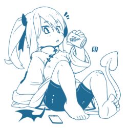 Rule 34 | 1girl, barefoot, can, cellphone, demon girl, demon tail, drink can, holding, holding can, long hair, long sleeves, looking at viewer, mawaru (mawaru), monochrome, nameless (mawaru), open mouth, original, phone, pointy ears, shorts, side ponytail, simple background, sitting, soda can, soles, solo, tail, toes, triangle mouth, white background