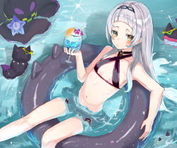 Rule 34 | 1girl, bikini, black bikini, blush, breasts, choker, collarbone, commentary request, cup, drinking glass, drinking straw, feet out of frame, frilled swimsuit, frills, from above, grey hair, hairband, halterneck, hand up, highres, holding, hololive, innertube, leaning back, legs, long hair, looking at viewer, mogu9 9, murasaki shion, murasaki shion (hololive summer 2019), navel, partially submerged, shiny skin, shiokko (murasaki shion), short eyebrows, sidelocks, small breasts, star (symbol), star choker, stomach, swim ring, swimsuit, thighs, virtual youtuber, water, yellow eyes